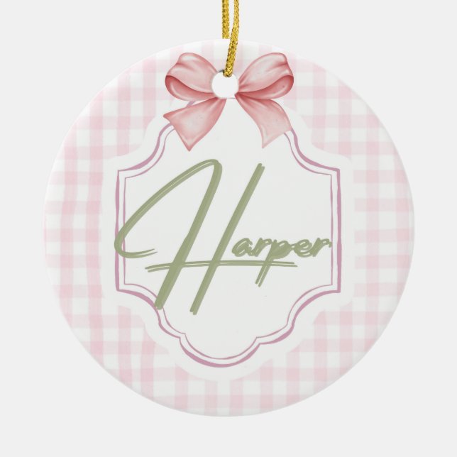 Personlig Harper Flicka Nursery Bow&Gingham Julgransprydnad Keramik (Framsidan)