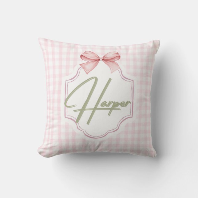 Personlig Harper Flicka Nursery Bow&Gingham Kudde (Framsida)