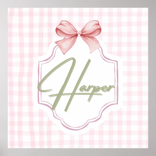 Personlig Harper Flicka Nursery Bow&Gingham Poster (Framsidan)