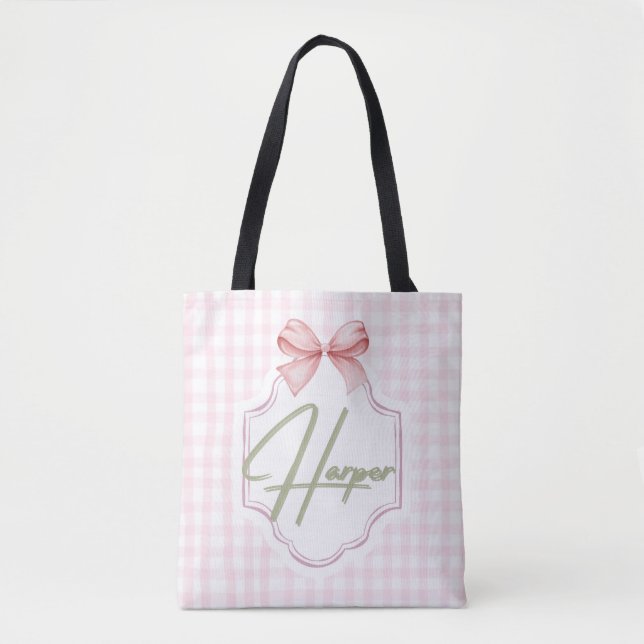 Personlig Harper Flicka Nursery Bow&Gingham Tygkasse (Framsida)