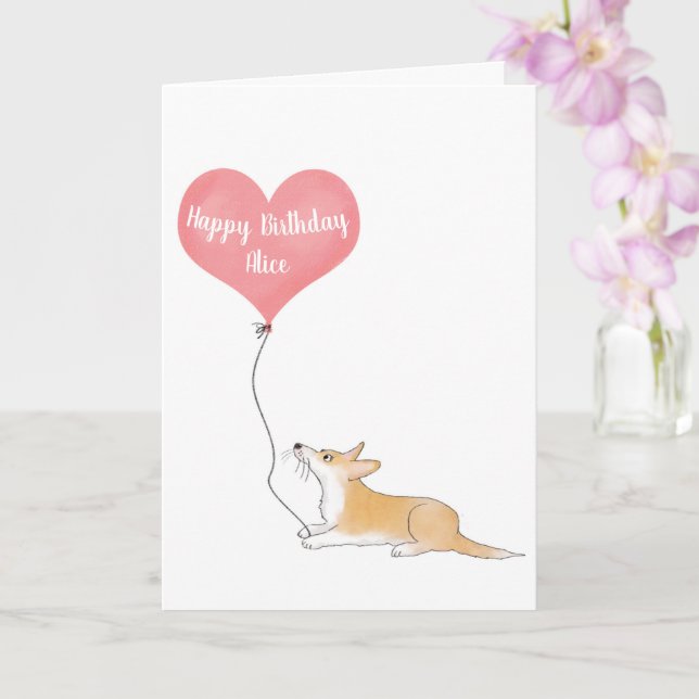 Personlig Hattie corgi & ballongfödelsedagskort Kort (Orkide)