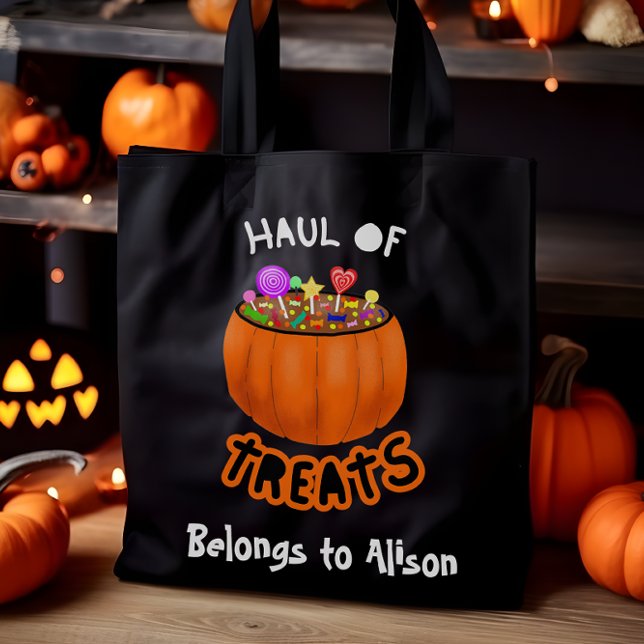 Personlig Haul of Treats Halloween Pumpkin Tygkasse (Haul of Treats Personalised Halloween Tote Bag)