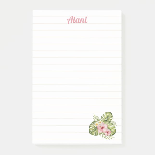 Personlig hawaiiansk blommig med namn 4x6 linjerad post-it block (Framsida)