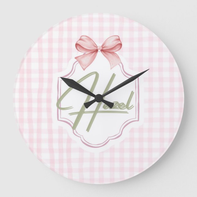 Personlig Hazel Flicka Nursery Bow&Gingham Stor Klocka (Framsida)