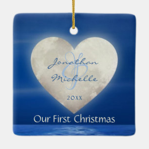 Personlig Heart Måne Kärlek Vår första jul Julgransprydnad Keramik