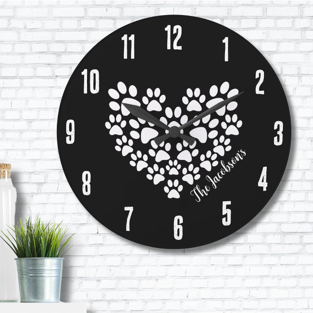 Personlig Heart Tass avtryck Stor Klocka (Personalized Cute Black White Paw Print Heart Large Clock)