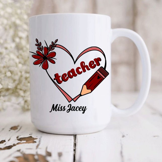 Personlig Heart Teacher Valentine Day Kaffemugg (Teacher Valentines Day Gift, Love Teacher, Valentines Day Teacher, Teacher Heart Reading mug)