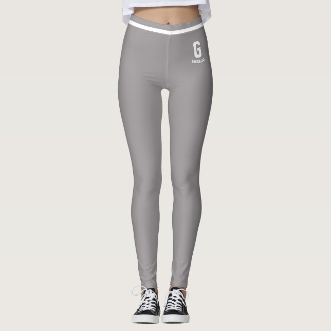 Personlig Heathergrå Vit Randig Monogram Leggings (Framsida)