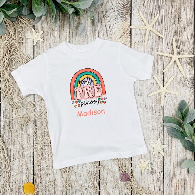 Personlig Hej på regnbågsörhängen före skolan T Shirt (Hello Pre-school Personalized T-shirt for her)