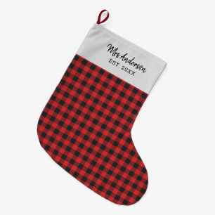 Personlig Helgdag Gingham Black Red Rustic Stor Julstrumpa
