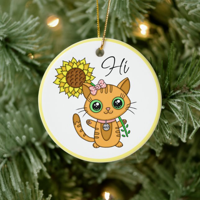 Personlig Hi och Hugs | Cute Cat med solros Julgransprydnad Keramik (Träd)