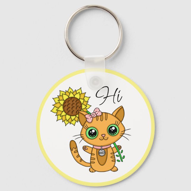 Personlig Hi och Hugs | Cute Cat med solros Nyckelring (Framsida)