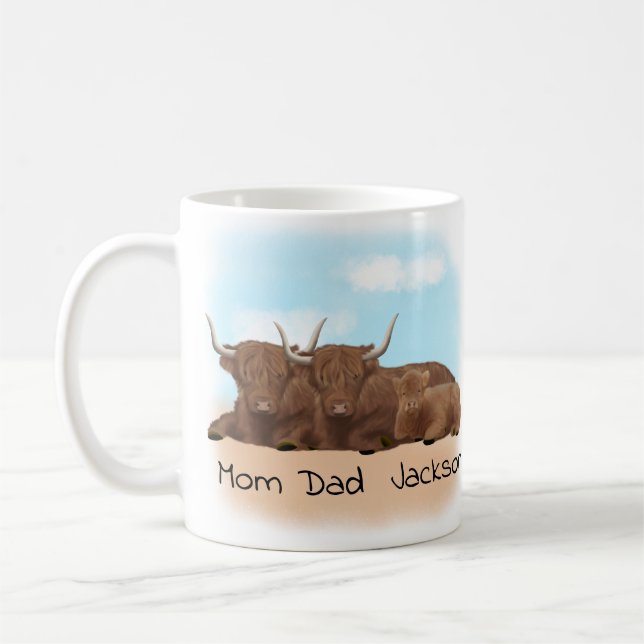 Personlig Highland Cow Family Kaffemugg (Vänster)