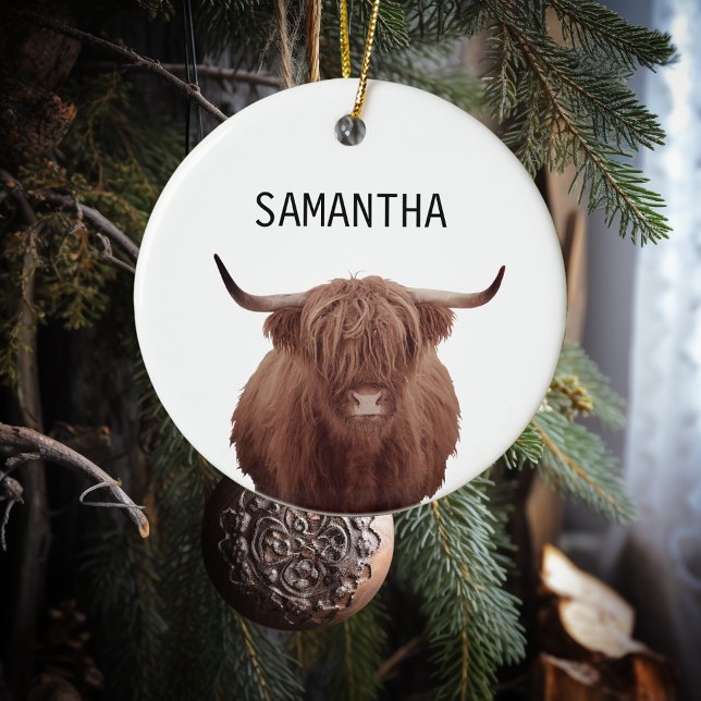 Personlig Highland Cow Farmhouse Rustic Julgransprydnad Keramik (Skapare uppladdad)