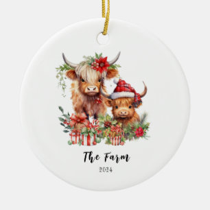 Personlig Highland Cow Heifer Farm Santa Hat Julgransprydnad Keramik