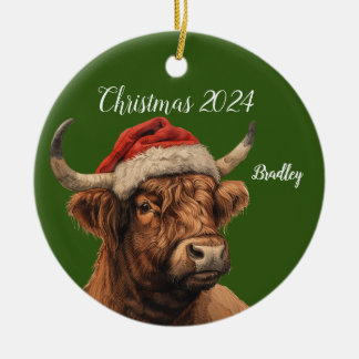 Personlig Highland Cow med Santa Cap Julgransprydnad Keramik