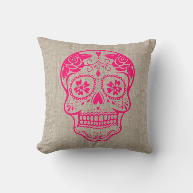 Personlig Hipster Sugar Skull Neon Rosa Kudde (Framsida)