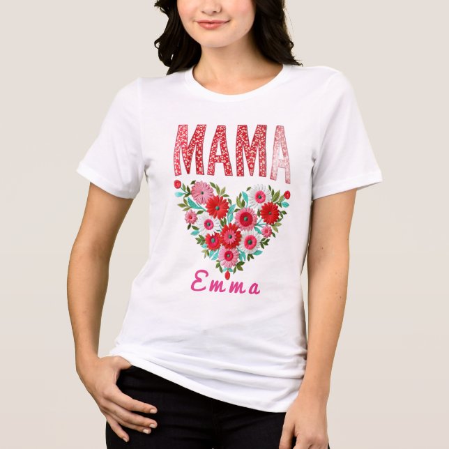 Personlig hjärtblomma-mamma present med eget tryck t shirt (Framsida)