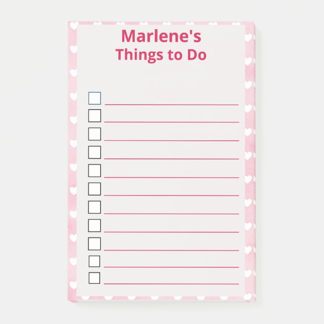 Personlig Hjärter på Rosa Sak to Do Post-it Block (Framsida)