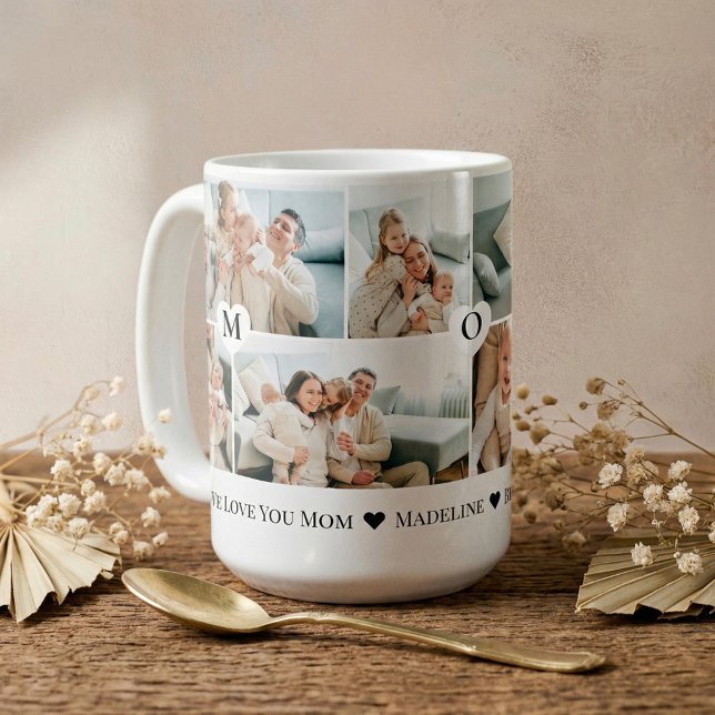 Personlig hjärtfotokollage Vi älskar dig mamma Kaffemugg (Personalized We Love You Mom Heart Photo Collage Coffee Mug)
