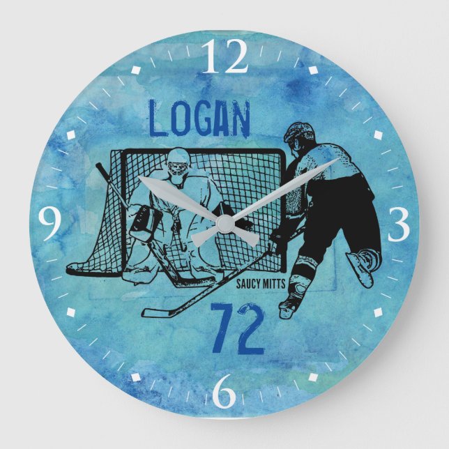 Personlig Hockey Bläck Sketch Namn nummer i blått Stor Klocka (Framsida)