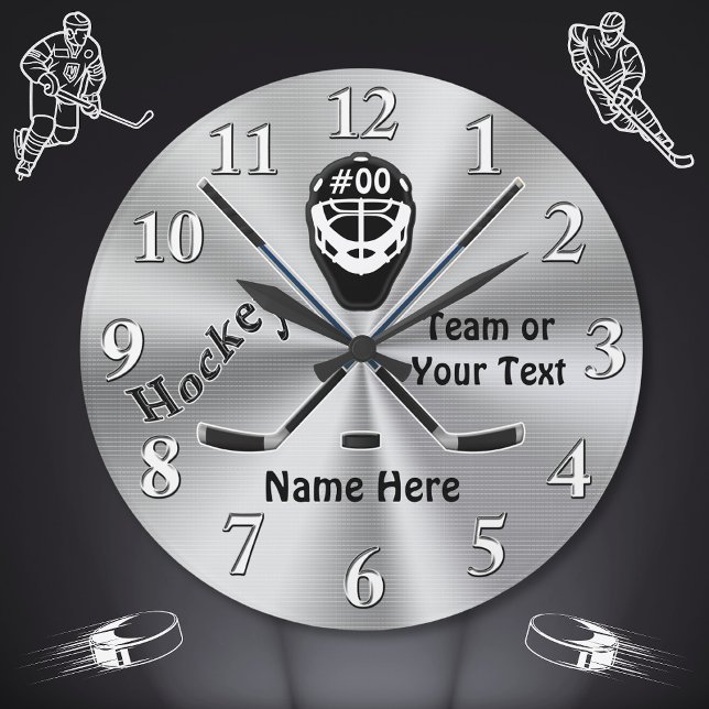 Personlig Hockey Clock, Underbara Hockey Team-gåvo Stor Klocka (Hockey Gifts for Seniors. Hockey Christmas Gifts for Players. Hockey Team Gift Ideas. Silver,  Black)