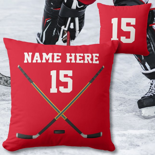 Personlig Hockey Pillow, NAMN, NUMBER, FÄRG Kudde (Red and White, Hockey Throw Pillow. Hockey Sticks. Hockey team gifts. Senior night Hockey ideas. )
