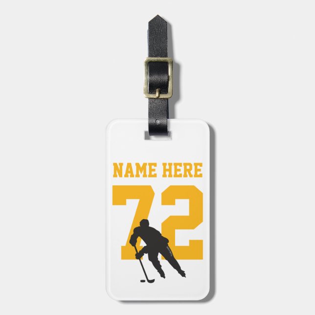 Personlig Hockey Player Namn Number black guld Bagagebricka (Vertikal Framsida)