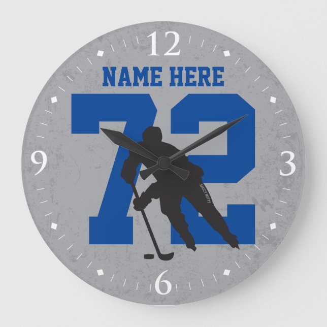 Personlig Hockey Player Namn Number Blue Grått Stor Klocka (Framsida)