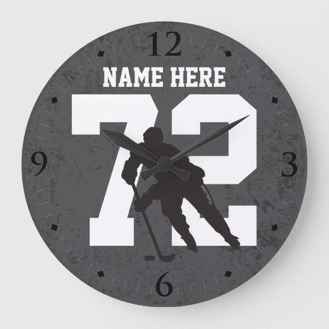 Personlig Hockey Player Namn Number Mörk Grått Stor Klocka (Framsida)