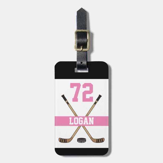 Personlig Hockey Player Namn Number Rosa Girls Bagagebricka (Vertikal Framsida)
