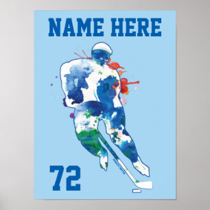 Personlig Hockey Player Namn Number Watercolor Poster
