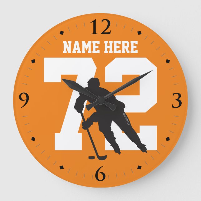 Personlig Hockey Player Namn nummer på Orange Stor Klocka (Framsida)