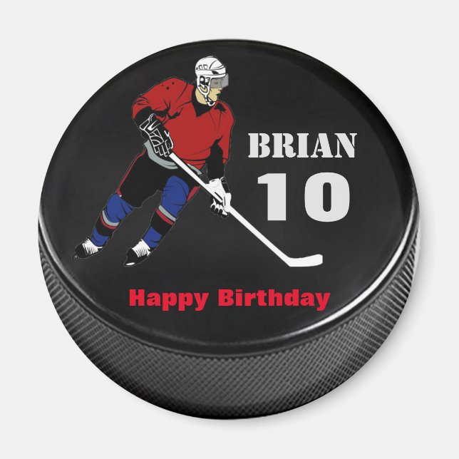 Personlig Hockey Puck Birthday Magnet (Framsidan)