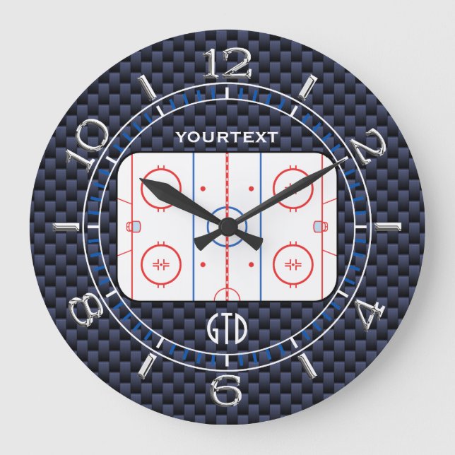 Personlig Hockey Rink Diagram Blue Carbon Stil Stor Klocka (Framsida)