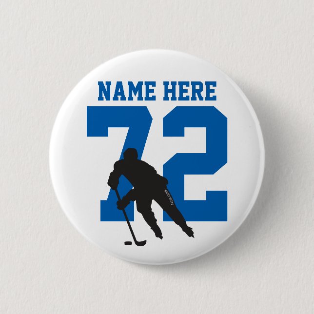 Personlig Hockeyspelare Namn Nummer blå Pinback Knapp (Framsida)