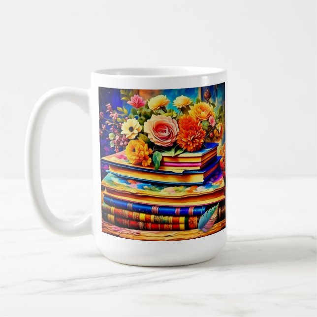Personlig hög med antika böcker och blommor kaffemugg (Vänster)