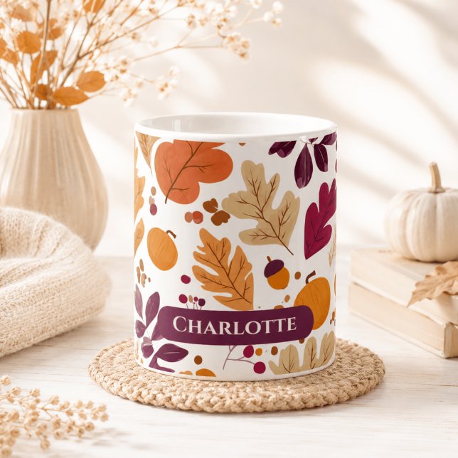 Personlig Höst – Höstlöv & Ekollonar Namn Kaffemugg (Skapare uppladdad)