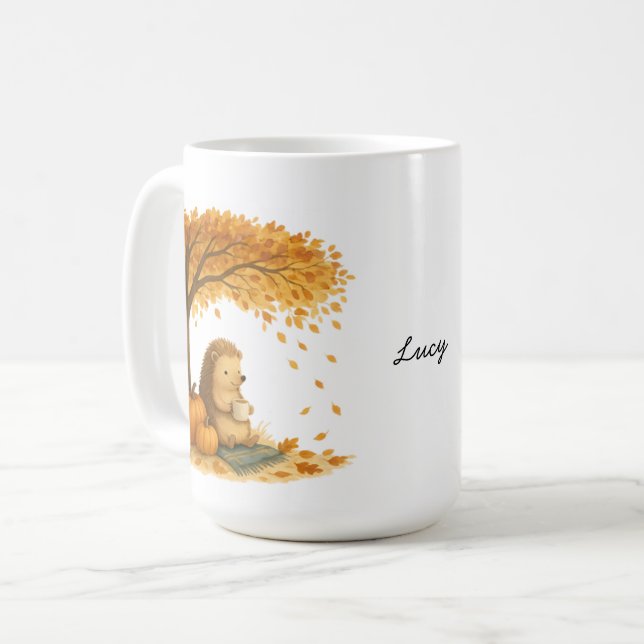 Personlig höst-igel under träd kaffemugg (Framsida vänster)