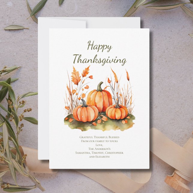 Personlig höst- och Thanksgiving-dagskort Inbjudningar (Thanksgiving card with pumpkins and fall botanicals. Printed or Digital Download)