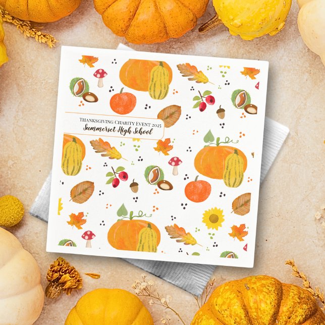 Personlig Hösten Älskare Napkins Pappersservett (Napkins with autumnal pattern, featuring pumpkins, leafs, mushrooms, buckeyes, sunflower & rose hip)