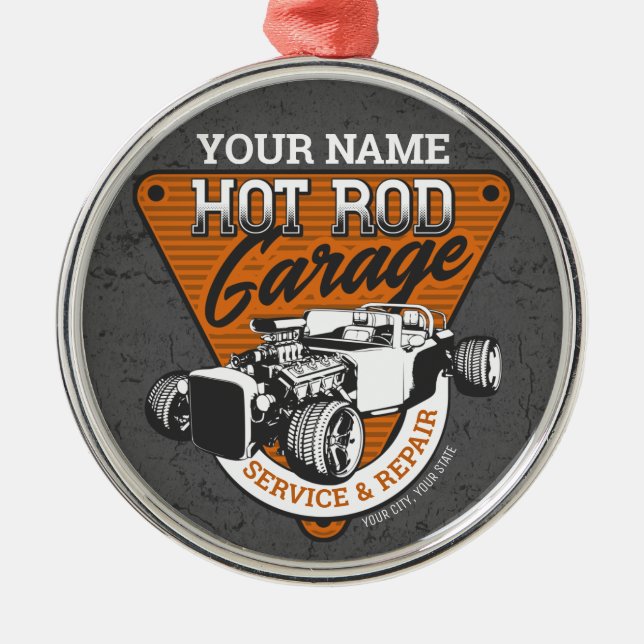 Personlig Hot rod Garage Roadster Repair Shop Julgransprydnad Metall (Framsidan)
