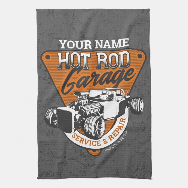 Personlig Hot rod Garage Roadster Repair Shop Kökshandduk (Vertikal)