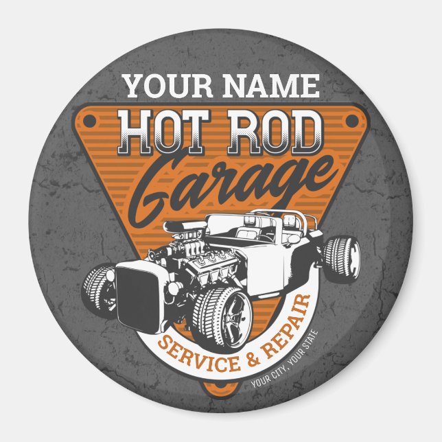 Personlig Hot rod Garage Roadster Repair Shop Magnet (Framsidan)