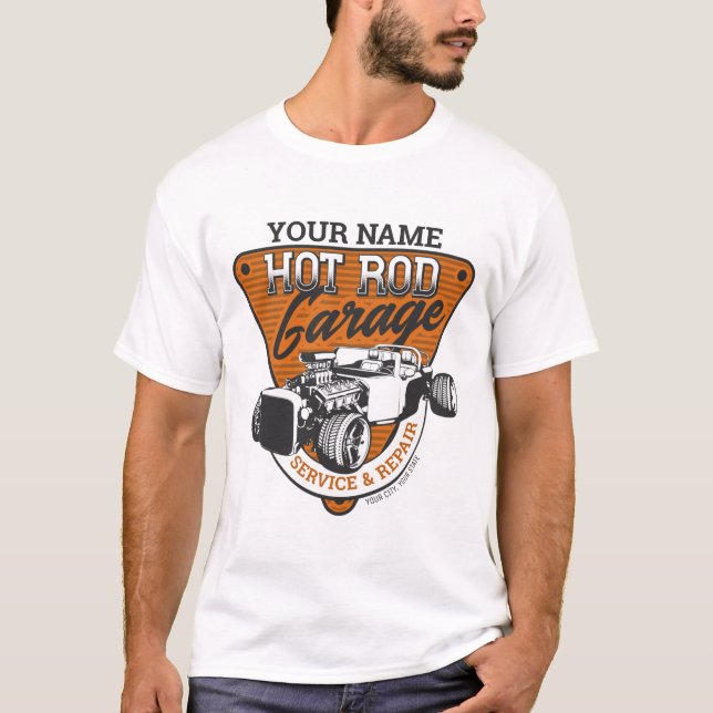 Personlig Hot rod Garage Roadster Repair Shop T Shirt (Framsida)