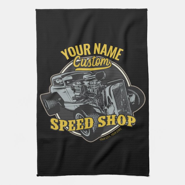Personlig Hot rod Speed Shop Tävla Garage Kökshandduk (Vertikal)