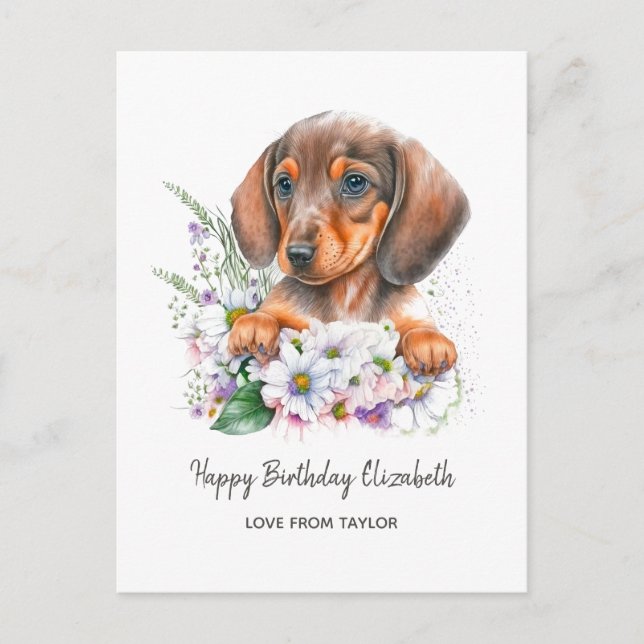 Personlig Hund Dachshund-Blommigtar födelsedag Vykort (Framsida)