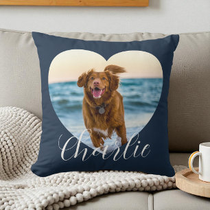 Personlig hund med foto i marinblå script-hjärta kudde