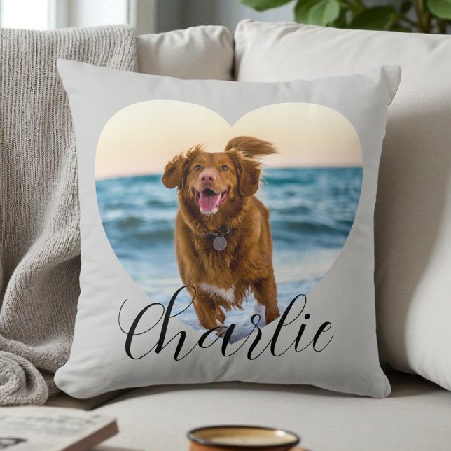 Personlig hund med modernt hjärta och script kudde (Pet Photo Script Modern Heart Personalized Dog Throw Pillow)