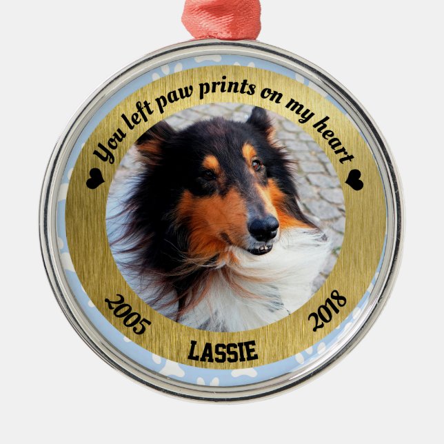 Personlig Hund Memorial Blue och Guld jul Julgransprydnad Metall (Framsidan)